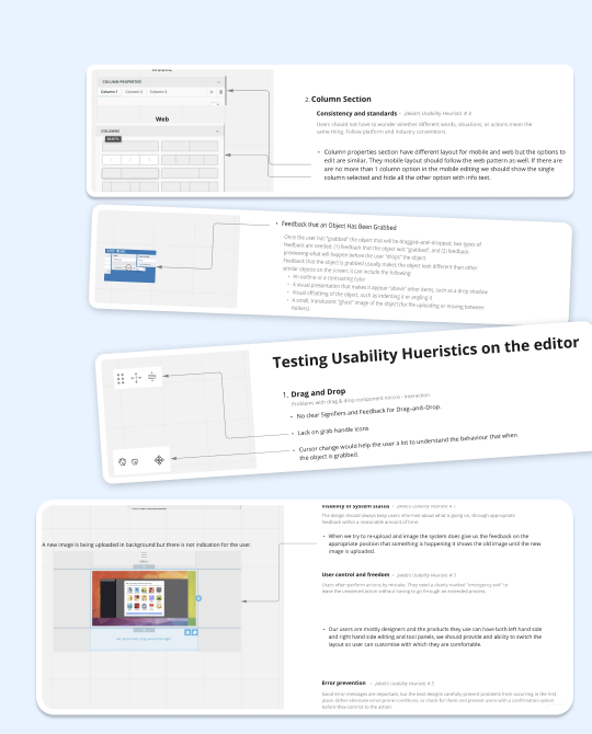 Usability heuristics testing notes on the Unlayer editor