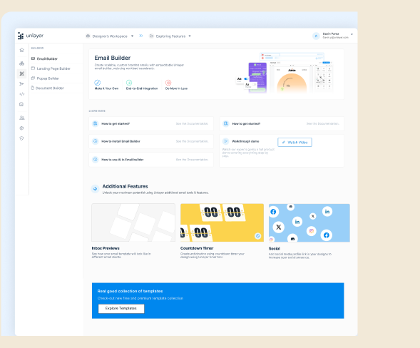 Unlayer builder dashboard overview